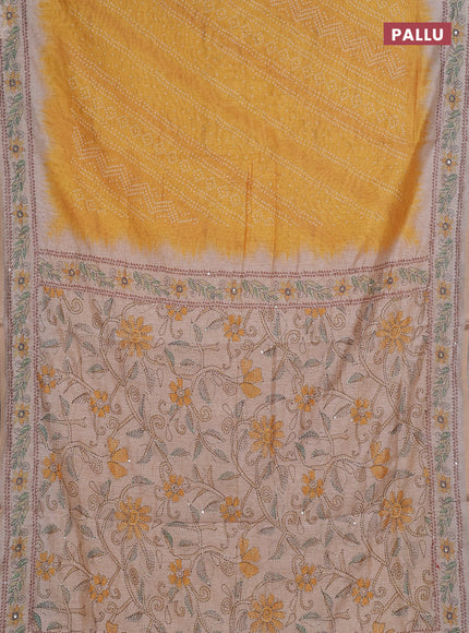Semi linen saree mustard yellow and beige with allover bandhani prints and embroidery pallu & border