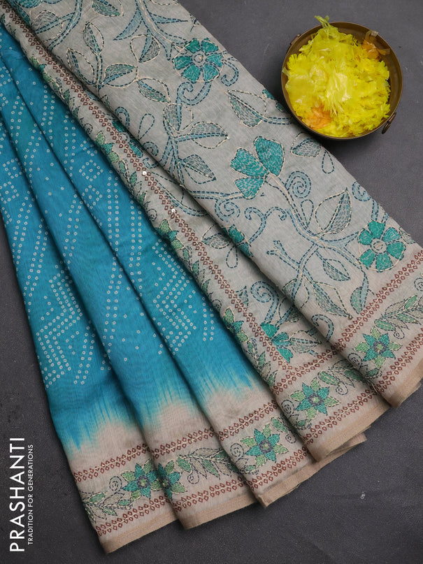 Semi linen saree cs blue and beige with allover bandhani prints and embroidery pallu & border