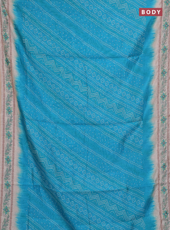 Semi linen saree cs blue and beige with allover bandhani prints and embroidery pallu & border