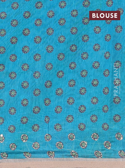 Semi linen saree cs blue and beige with allover bandhani prints and embroidery pallu & border