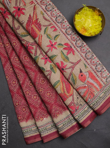 Semi linen saree maroon and beige with allover bandhani prints & embroidery work and embroidery pallu & border