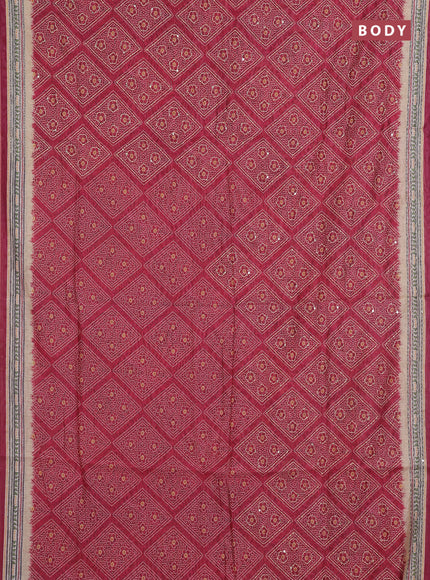 Semi linen saree maroon and beige with allover bandhani prints & embroidery work and embroidery pallu & border