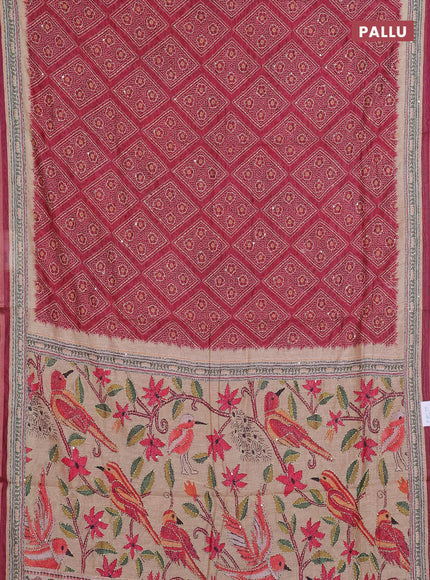 Semi linen saree maroon and beige with allover bandhani prints & embroidery work and embroidery pallu & border