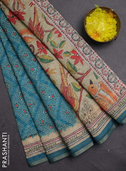 Semi linen saree peacock green and beige with allover bandhani prints & embroidery work and embroidery pallu & border