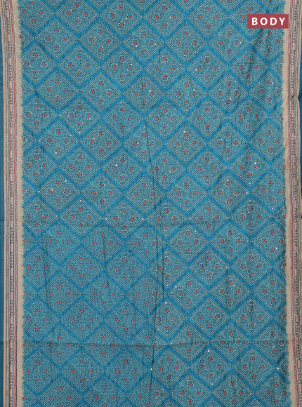 Semi linen saree peacock green and beige with allover bandhani prints & embroidery work and embroidery pallu & border