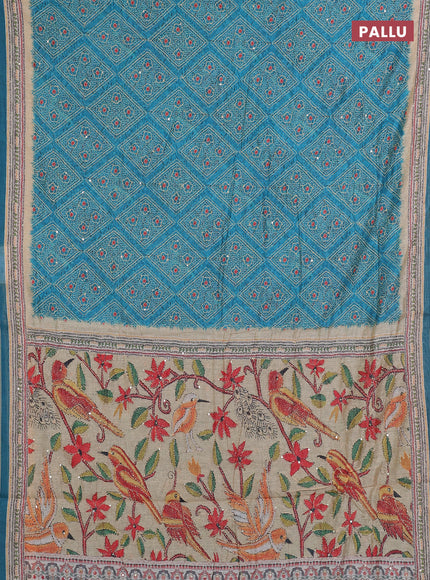Semi linen saree peacock green and beige with allover bandhani prints & embroidery work and embroidery pallu & border