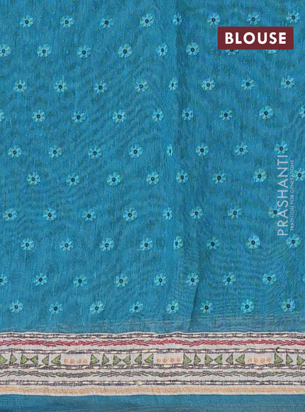 Semi linen saree peacock green and beige with allover bandhani prints & embroidery work and embroidery pallu & border