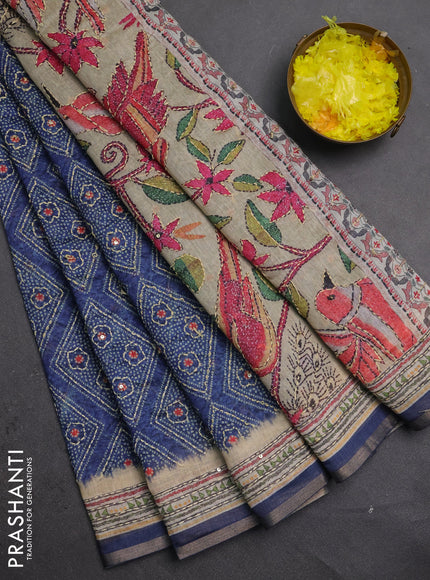 Semi linen saree navy blue and beige with allover bandhani prints & embroidery work and embroidery pallu & border