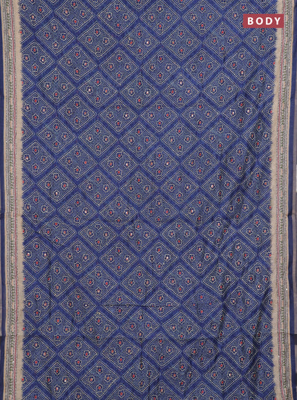Semi linen saree navy blue and beige with allover bandhani prints & embroidery work and embroidery pallu & border