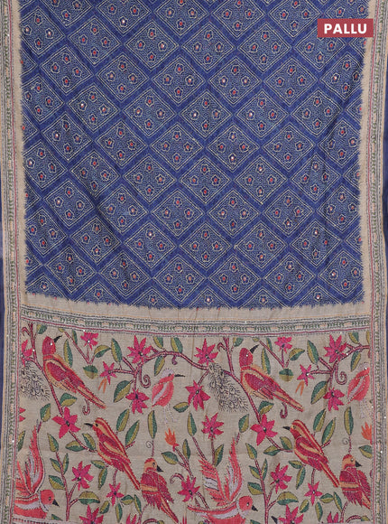 Semi linen saree navy blue and beige with allover bandhani prints & embroidery work and embroidery pallu & border