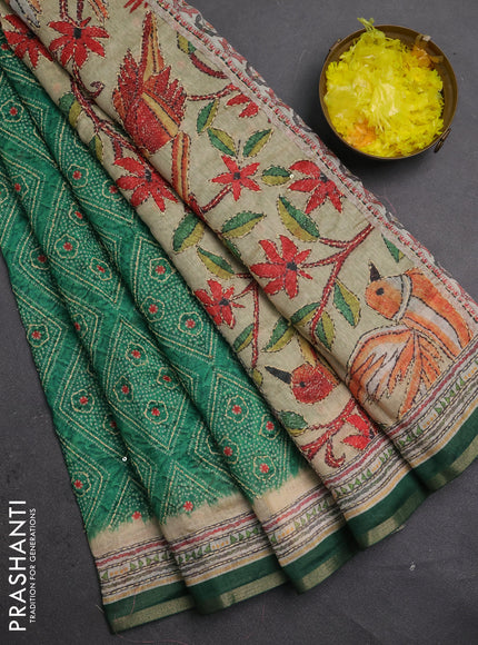 Semi linen saree green and beige with allover bandhani prints & embroidery work and embroidery pallu & border