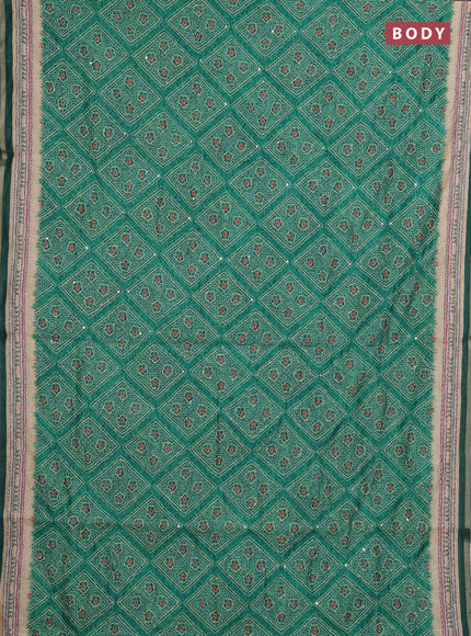 Semi linen saree green and beige with allover bandhani prints & embroidery work and embroidery pallu & border