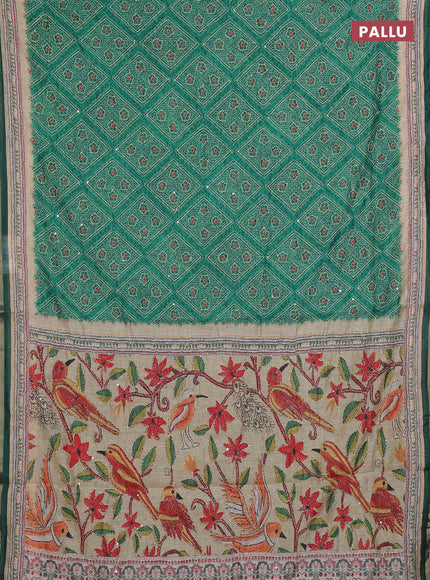 Semi linen saree green and beige with allover bandhani prints & embroidery work and embroidery pallu & border