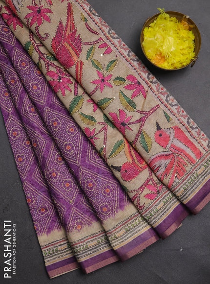 Semi linen saree purple and beige with allover bandhani prints & embroidery work and embroidery pallu & border