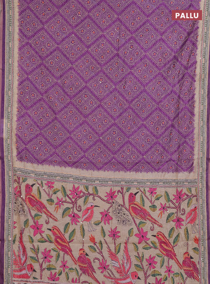 Semi linen saree purple and beige with allover bandhani prints & embroidery work and embroidery pallu & border