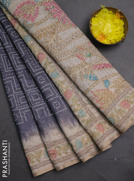 Semi linen saree dark grey and beige with allover bandhani prints and embroidery pallu & border