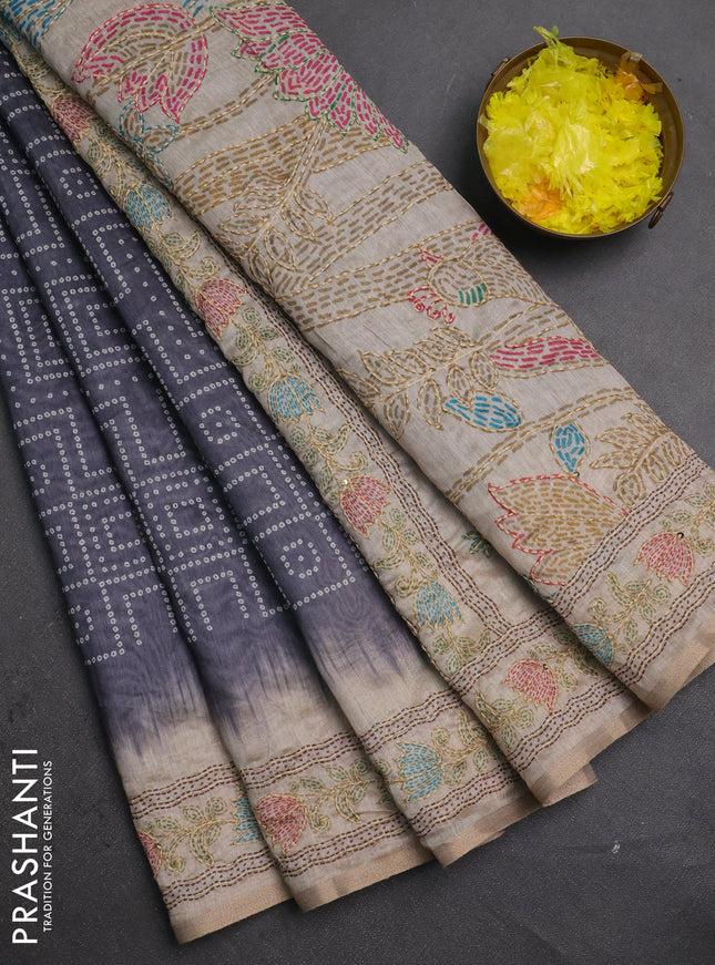 Semi linen saree dark grey and beige with allover bandhani prints and embroidery pallu & border