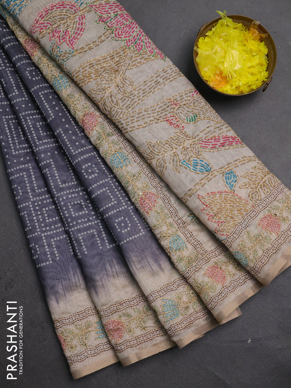 Semi linen saree dark grey and beige with allover bandhani prints and embroidery pallu & border
