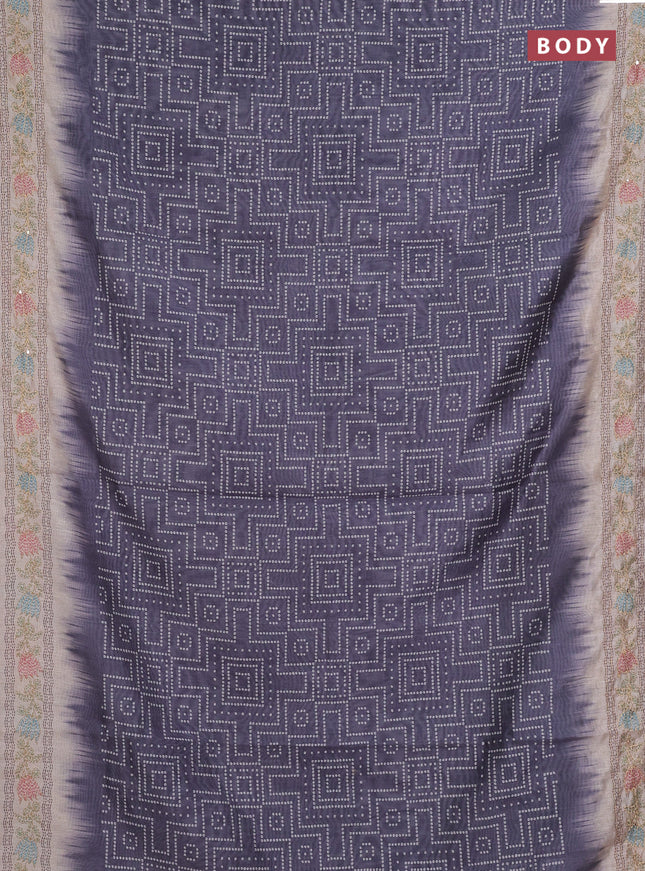 Semi linen saree dark grey and beige with allover bandhani prints and embroidery pallu & border