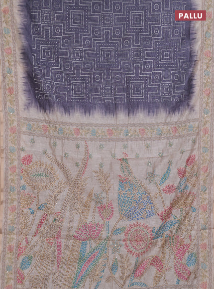 Semi linen saree dark grey and beige with allover bandhani prints and embroidery pallu & border