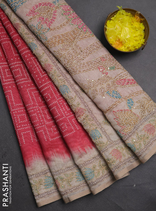 Semi linen saree maroon and beige with allover bandhani prints and embroidery pallu & border