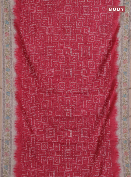Semi linen saree maroon and beige with allover bandhani prints and embroidery pallu & border