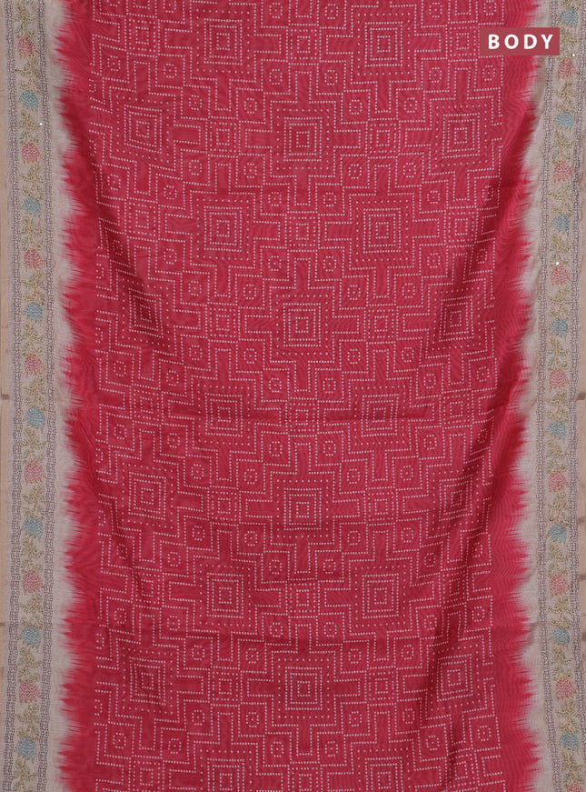 Semi linen saree maroon and beige with allover bandhani prints and embroidery pallu & border