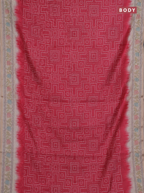 Semi linen saree maroon and beige with allover bandhani prints and embroidery pallu & border