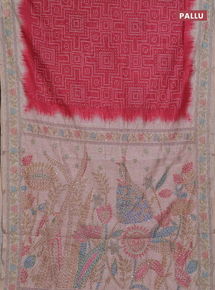 Semi linen saree maroon and beige with allover bandhani prints and embroidery pallu & border