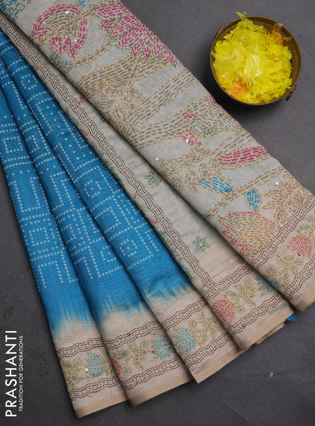 Semi linen saree cs blue and beige with allover bandhani prints and embroidery pallu & border