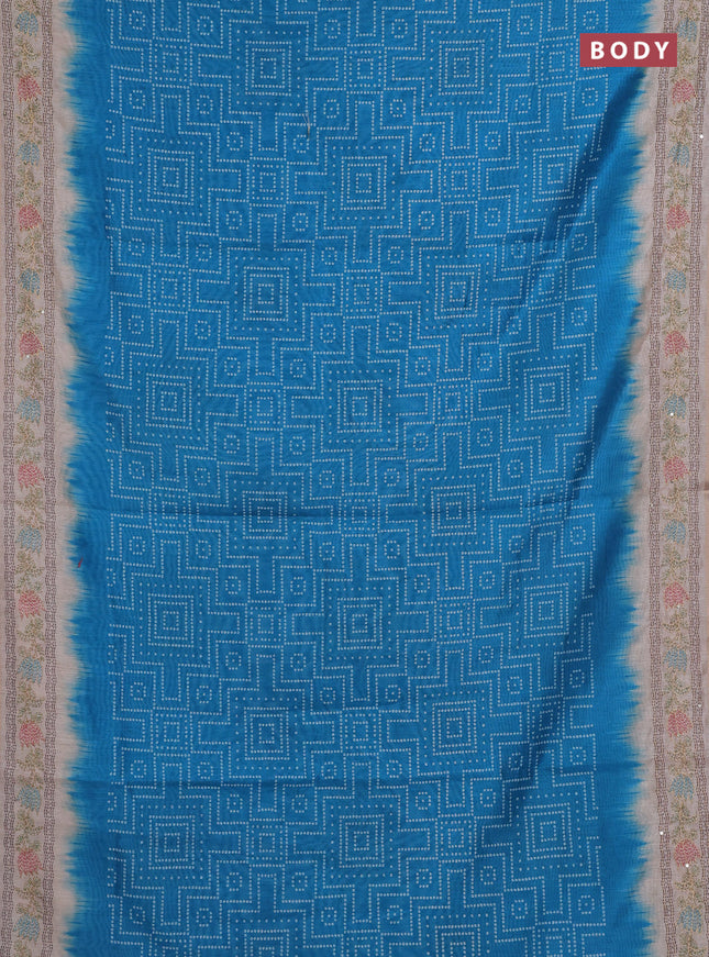 Semi linen saree cs blue and beige with allover bandhani prints and embroidery pallu & border
