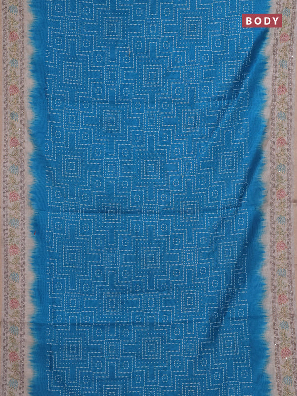 Semi linen saree cs blue and beige with allover bandhani prints and embroidery pallu & border