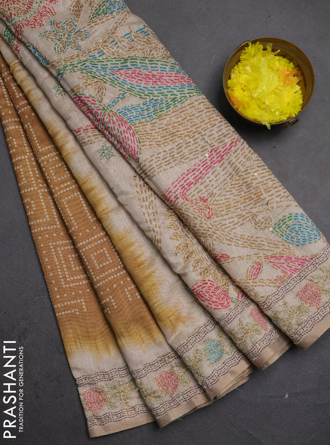 Semi linen saree dark mustard and beige with allover bandhani prints and embroidery pallu & border