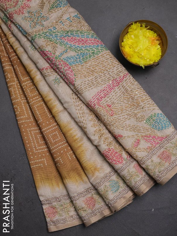 Semi linen saree dark mustard and beige with allover bandhani prints and embroidery pallu & border
