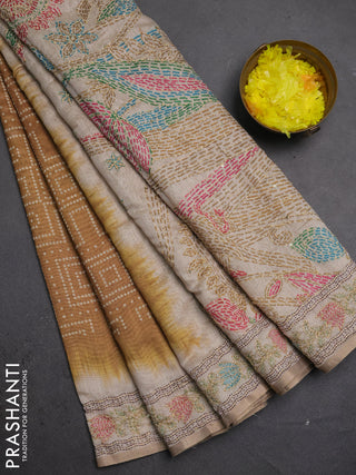 Semi linen saree dark mustard and beige with allover bandhani prints and embroidery pallu & border