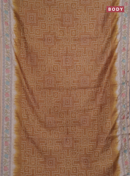Semi linen saree dark mustard and beige with allover bandhani prints and embroidery pallu & border