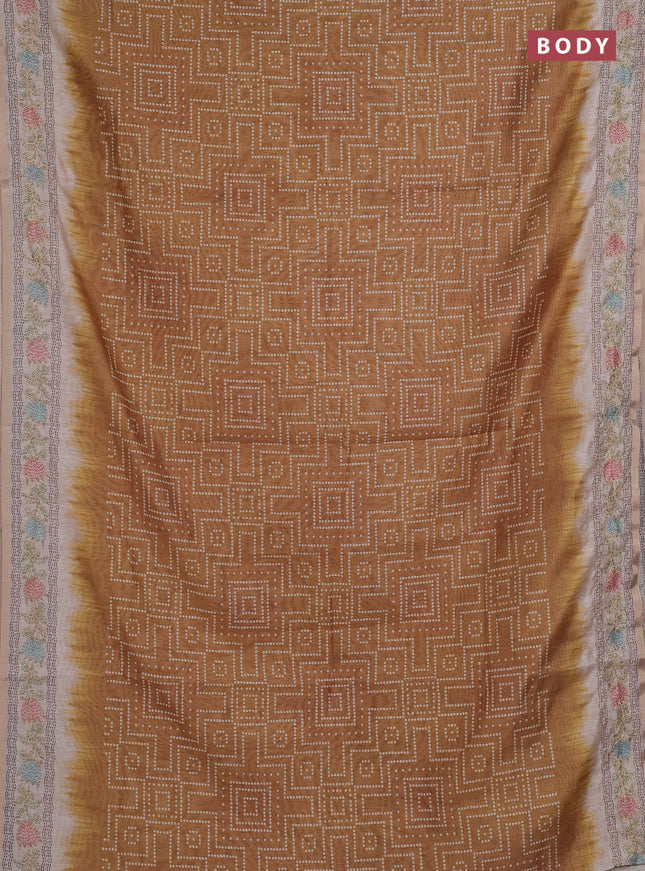 Semi linen saree dark mustard and beige with allover bandhani prints and embroidery pallu & border