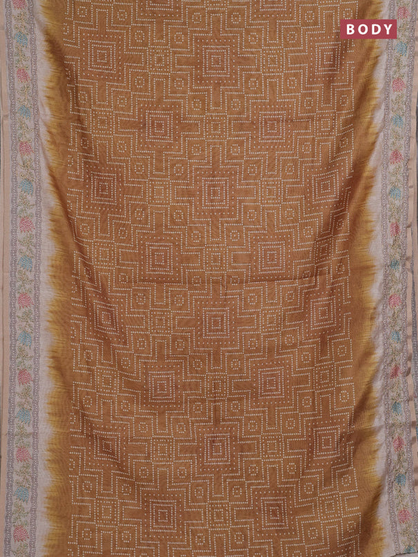 Semi linen saree dark mustard and beige with allover bandhani prints and embroidery pallu & border