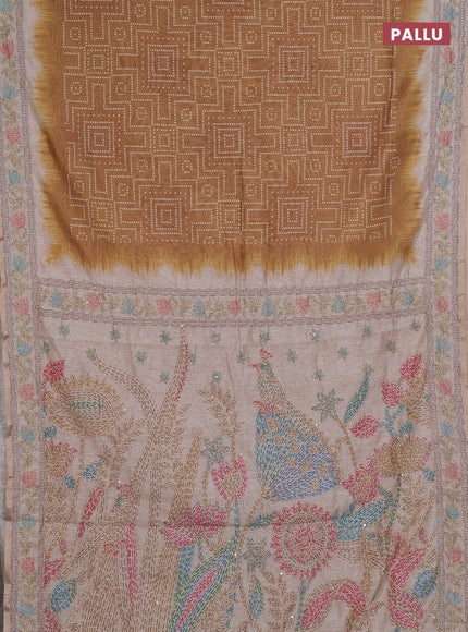 Semi linen saree dark mustard and beige with allover bandhani prints and embroidery pallu & border