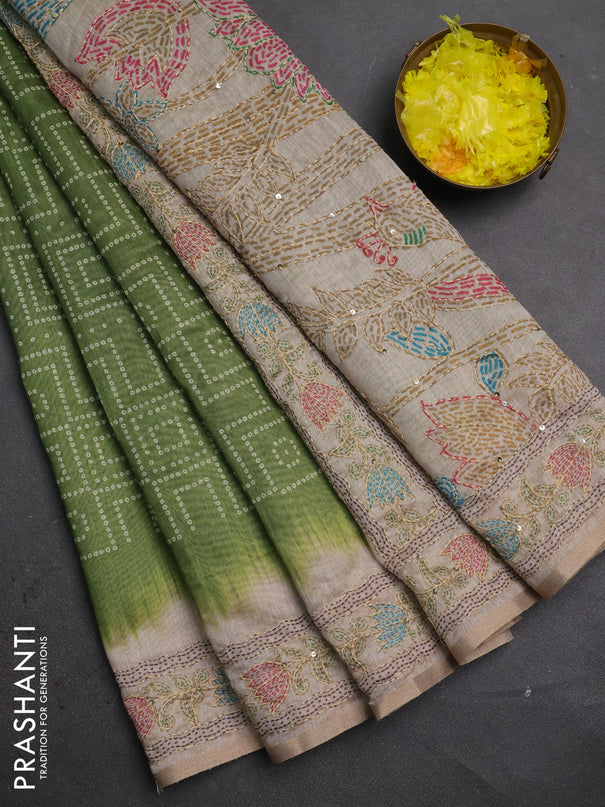 Semi linen saree light green and beige with allover bandhani prints and embroidery pallu & border
