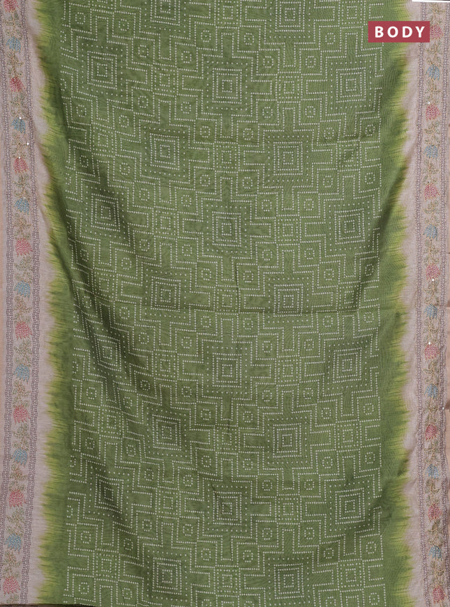 Semi linen saree light green and beige with allover bandhani prints and embroidery pallu & border
