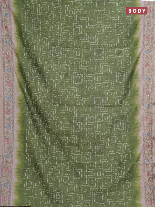 Semi linen saree light green and beige with allover bandhani prints and embroidery pallu & border