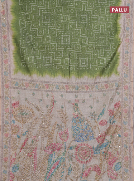 Semi linen saree light green and beige with allover bandhani prints and embroidery pallu & border