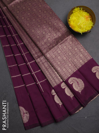 Semi soft silk saree deep purple with allover zari woven checked pattern and paisley zari woven butta border