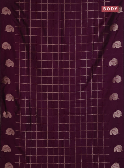Semi soft silk saree deep purple with allover zari woven checked pattern and paisley zari woven butta border