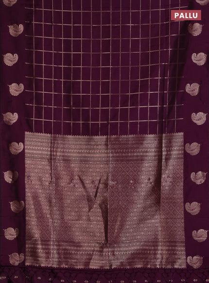 Semi soft silk saree deep purple with allover zari woven checked pattern and paisley zari woven butta border