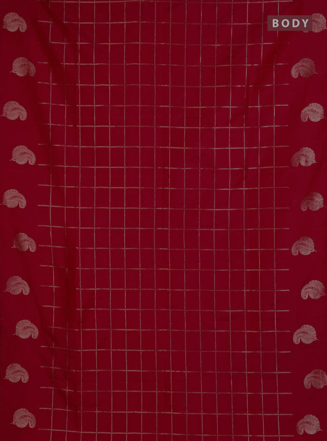 Semi soft silk saree tomato pink with allover zari woven checked pattern and paisley zari woven butta border