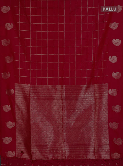 Semi soft silk saree tomato pink with allover zari woven checked pattern and paisley zari woven butta border