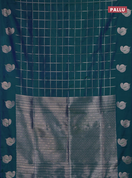 Semi soft silk saree peacock green with allover zari woven checked pattern and paisley zari woven butta border