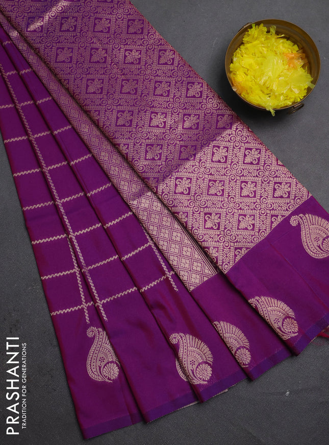 Semi soft silk saree purple with allover zari woven checked pattern and paisley zari woven butta border
